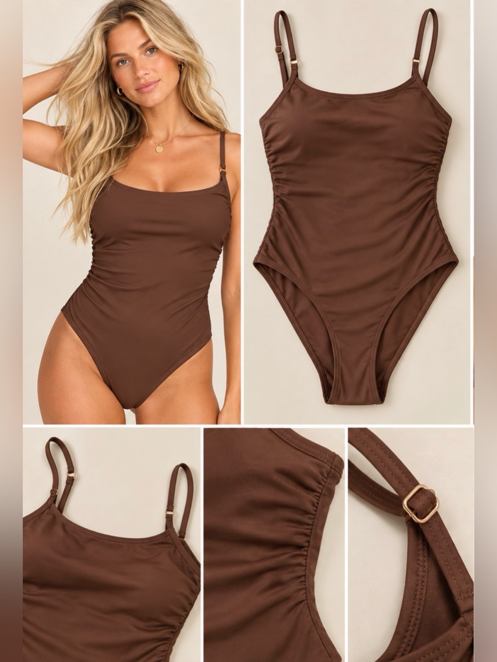 NWT SZ M Shade & Shore Brown One-Piece Swimsuit with Adjustable Straps